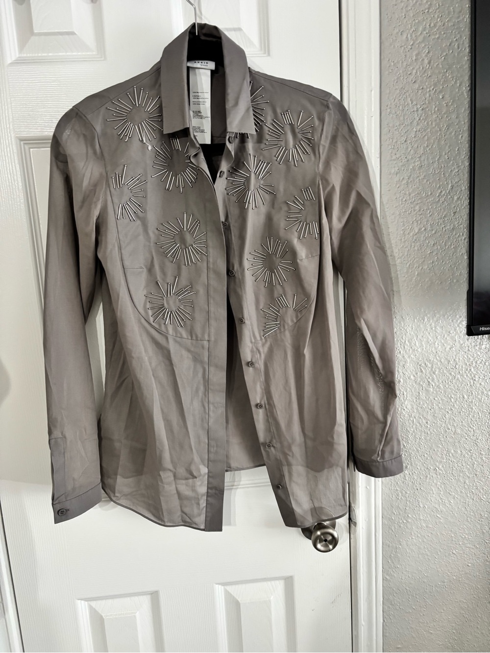Akris Punto Taupe Embellished Button-Down Shirt - Picture 14 of 15
